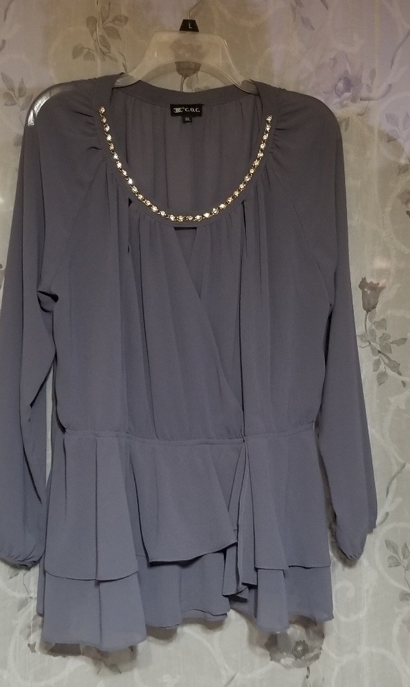 Blue-Gray Dressy Top With Rhinestones